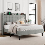 Queen Bed Frame, Upholstered Platform Bed with Charging Station, Modern Wingback Storage Headboard, Solid Wood Slats Support, No Box Spring Needed, Dark Gray